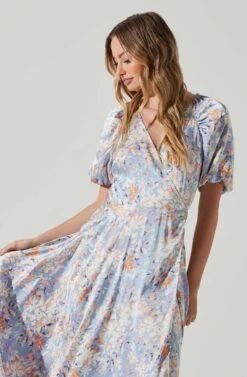 Satin Floral Bubble Sleeve Wrap Midi Dress -Outlet Cozi Luxe Store ADR101664 BLUEMULTIFLORAL 3