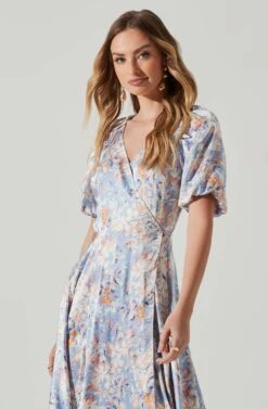 Satin Floral Bubble Sleeve Wrap Midi Dress -Outlet Cozi Luxe Store ADR101664 BLUEMULTIFLORAL 4