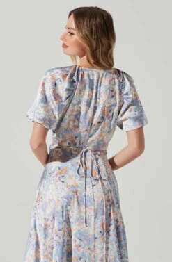 Satin Floral Bubble Sleeve Wrap Midi Dress -Outlet Cozi Luxe Store ADR101664 BLUEMULTIFLORAL 5