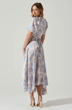Satin Floral Bubble Sleeve Wrap Midi Dress -Outlet Cozi Luxe Store ADR101664 BLUEMULTIFLORAL 6