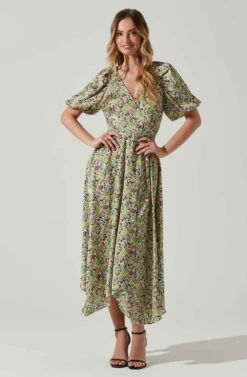 Satin Floral Bubble Sleeve Wrap Midi Dress -Outlet Cozi Luxe Store ADR101664 PINKGREENMULTI 1