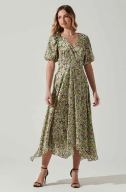 Satin Floral Bubble Sleeve Wrap Midi Dress -Outlet Cozi Luxe Store ADR101664 PINKGREENMULTI 2