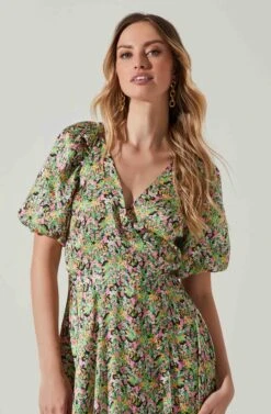 Satin Floral Bubble Sleeve Wrap Midi Dress -Outlet Cozi Luxe Store ADR101664 PINKGREENMULTI 3