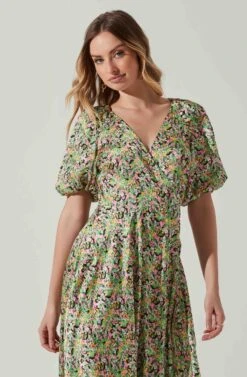 Satin Floral Bubble Sleeve Wrap Midi Dress -Outlet Cozi Luxe Store ADR101664 PINKGREENMULTI 4
