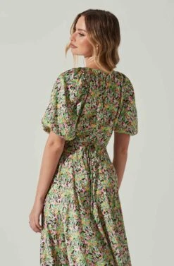Satin Floral Bubble Sleeve Wrap Midi Dress -Outlet Cozi Luxe Store ADR101664 PINKGREENMULTI 5