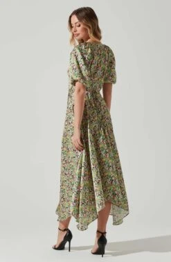 Satin Floral Bubble Sleeve Wrap Midi Dress -Outlet Cozi Luxe Store ADR101664 PINKGREENMULTI 6