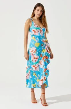 Satin Front Tie Wrap Floral Midi Dress 16 Satin Front Tie Wrap Floral Midi Dress -Outlet Cozi Luxe Store ADR101683 CAPRIBLUEFLORAL 2
