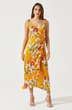 Satin Front Tie Wrap Floral Midi Dress 20 Satin Front Tie Wrap Floral Midi Dress -Outlet Cozi Luxe Store ADR101683 YELLOWFLORAL 1