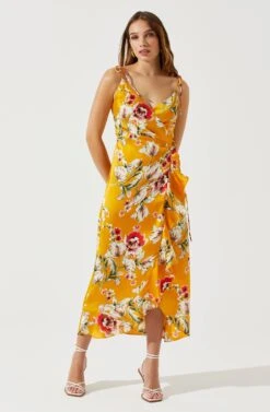 Satin Front Tie Wrap Floral Midi Dress 22 Satin Front Tie Wrap Floral Midi Dress -Outlet Cozi Luxe Store ADR101683 YELLOWFLORAL 2