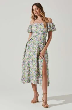 Off Shoulder Puff Sleeve Midi Dress -Outlet Cozi Luxe Store ADR101706 PURPLEMULTIFLORAL 2