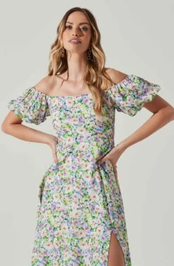 Off Shoulder Puff Sleeve Midi Dress -Outlet Cozi Luxe Store ADR101706 PURPLEMULTIFLORAL 3