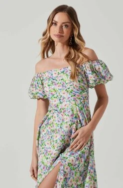 Off Shoulder Puff Sleeve Midi Dress -Outlet Cozi Luxe Store ADR101706 PURPLEMULTIFLORAL 4