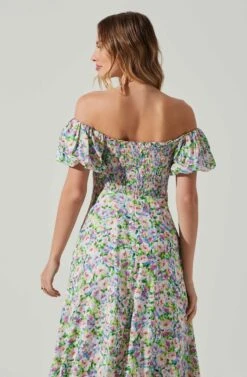 Off Shoulder Puff Sleeve Midi Dress -Outlet Cozi Luxe Store ADR101706 PURPLEMULTIFLORAL 5