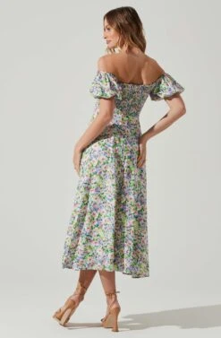 Off Shoulder Puff Sleeve Midi Dress -Outlet Cozi Luxe Store ADR101706 PURPLEMULTIFLORAL 6