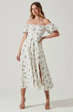 Off Shoulder Puff Sleeve Midi Dress -Outlet Cozi Luxe Store ADR101706 WHITEBLUEFLORAL 1