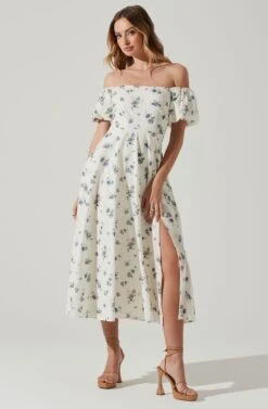 Off Shoulder Puff Sleeve Midi Dress -Outlet Cozi Luxe Store ADR101706 WHITEBLUEFLORAL 2