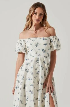 Off Shoulder Puff Sleeve Midi Dress -Outlet Cozi Luxe Store ADR101706 WHITEBLUEFLORAL 3