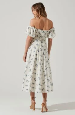 Off Shoulder Puff Sleeve Midi Dress -Outlet Cozi Luxe Store ADR101706 WHITEBLUEFLORAL 6