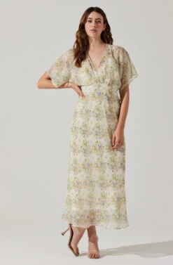 Flutter Sleeve Open Back Maxi Dress -Outlet Cozi Luxe Store ADR101803 CREAMMULTIFLORAL 2