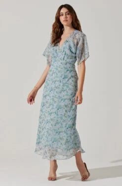 Flutter Sleeve Open Back Maxi Dress -Outlet Cozi Luxe Store ADR101803 LIGHTBLUEMULTIFRL 2