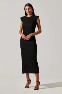 Plisse Straight Neck Midi Dress