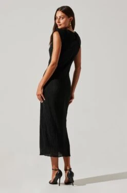 Plisse Straight Neck Midi Dress -Outlet Cozi Luxe Store ADR101830 BLACK 5