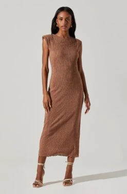 Plisse Straight Neck Midi Dress -Outlet Cozi Luxe Store ADR101830 BROWN 3