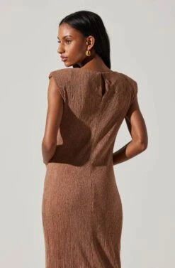 Plisse Straight Neck Midi Dress -Outlet Cozi Luxe Store ADR101830 BROWN 5