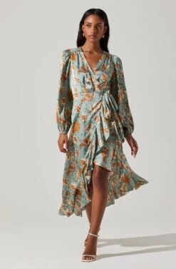 Floral Satin Wrap Long Sleeve Midi Dress -Outlet Cozi Luxe Store ADR101864 DUSTYBLUEMULTIFRL 3