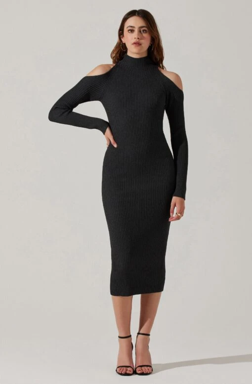 Cold Shoulder Mock Neck Midi Sweater Dress -Outlet Cozi Luxe Store ADR101869 CHARCOAL 2