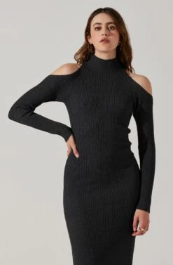 Cold Shoulder Mock Neck Midi Sweater Dress -Outlet Cozi Luxe Store ADR101869 CHARCOAL 3