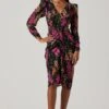 Floral Plunge Ruched Long Sleeve Midi Dress -Outlet Cozi Luxe Store ADR101911 MAGENTAMULTIFRL 1