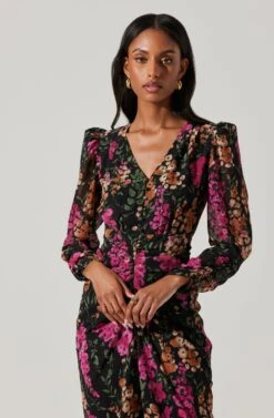 Floral Plunge Ruched Long Sleeve Midi Dress -Outlet Cozi Luxe Store ADR101911 MAGENTAMULTIFRL 2