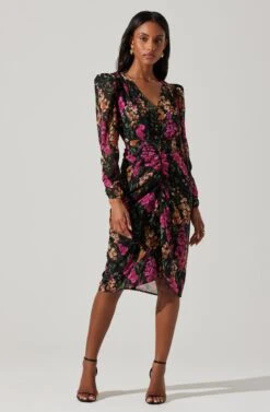 Floral Plunge Ruched Long Sleeve Midi Dress -Outlet Cozi Luxe Store ADR101911 MAGENTAMULTIFRL 3