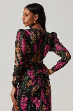 Floral Plunge Ruched Long Sleeve Midi Dress -Outlet Cozi Luxe Store ADR101911 MAGENTAMULTIFRL 5