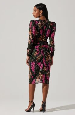 Floral Plunge Ruched Long Sleeve Midi Dress -Outlet Cozi Luxe Store ADR101911 MAGENTAMULTIFRL 6