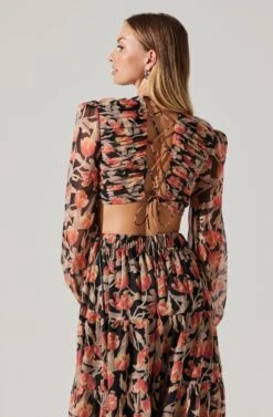 Floral Lace Back Long Sleeve Maxi Dress -Outlet Cozi Luxe Store ADR102039 ORANGEBLACKFLORAL 2