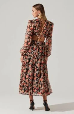 Floral Lace Back Long Sleeve Maxi Dress -Outlet Cozi Luxe Store ADR102039 ORANGEBLACKFLORAL 4