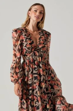 Floral Lace Back Long Sleeve Maxi Dress -Outlet Cozi Luxe Store ADR102039 ORANGEBLACKFLORAL 5