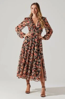 Floral Lace Back Long Sleeve Maxi Dress -Outlet Cozi Luxe Store ADR102039 ORANGEBLACKFLORAL 6