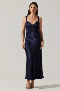 Aeris Satin Lace Trim Maxi Dress -Outlet Cozi Luxe Store ADR102254 NAVY 1