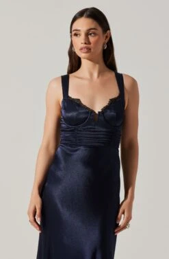 Aeris Satin Lace Trim Maxi Dress -Outlet Cozi Luxe Store ADR102254 NAVY 3