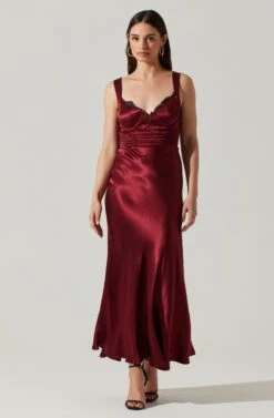 Aeris Satin Lace Trim Maxi Dress -Outlet Cozi Luxe Store ADR102254 WINE 5