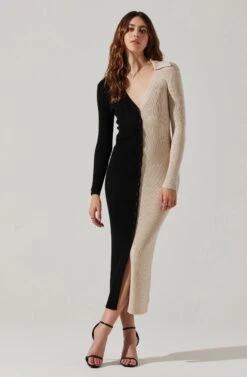 Two Toned Long Sleeve Midi Sweater Dress -Outlet Cozi Luxe Store ALD45112 FCI BLACKCONTRAST 2