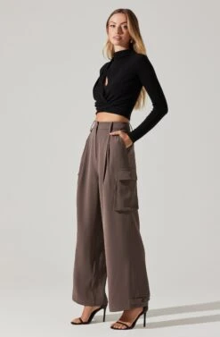 Pleated Wide Leg Cargo Pants -Outlet Cozi Luxe Store AP7310 WARMGREY 6