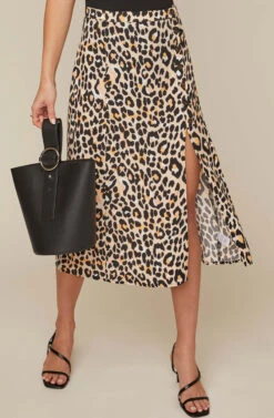 Button Front Midi Skirt -Outlet Cozi Luxe Store AS9024B LEOPARD PRINT 4AA