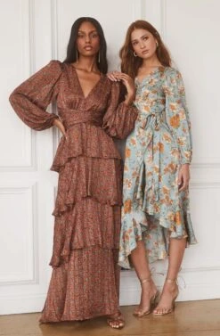 Floral Satin Wrap Long Sleeve Midi Dress -Outlet Cozi Luxe Store ASTR FALL23 ASSETS 1268