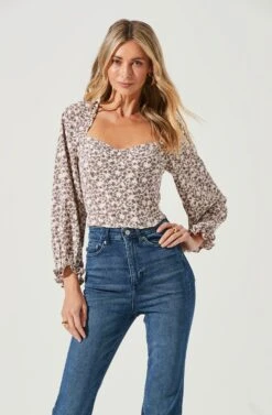 Long Sleeve Sweetheart Neck Top -Outlet Cozi Luxe Store AT1072B CREAMMAUVEFLORAL 3