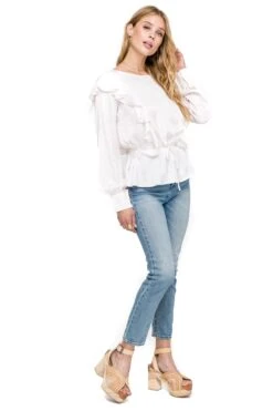 Silky Ruffle Tie Waist Blouse -Outlet Cozi Luxe Store AT12976 003 IVORY 02