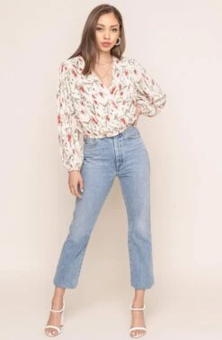 Pleated Surplice Floral Long Sleeve Top -Outlet Cozi Luxe Store AT15081B IVO CORAL SKETCH FL 1AA